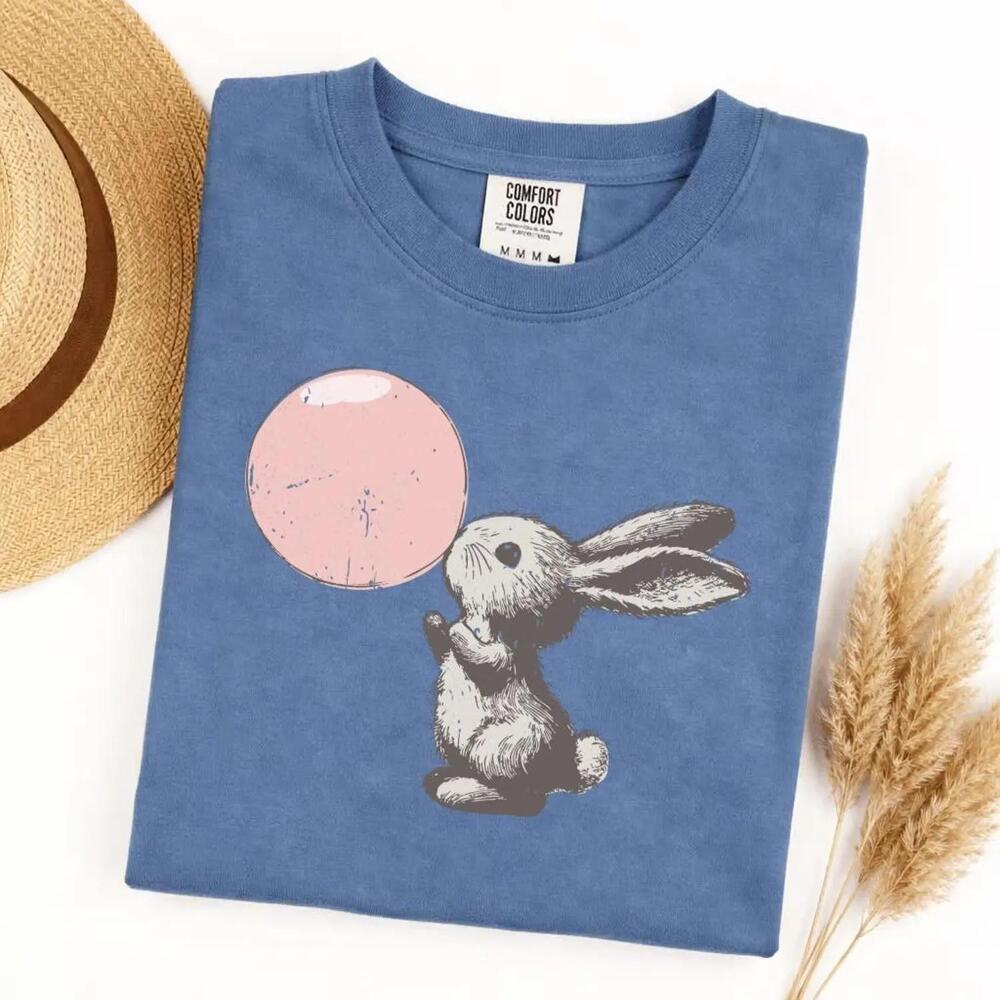 S Retro Bunny Blowing Bubble T-Shirt Rabbit Graphic Tee